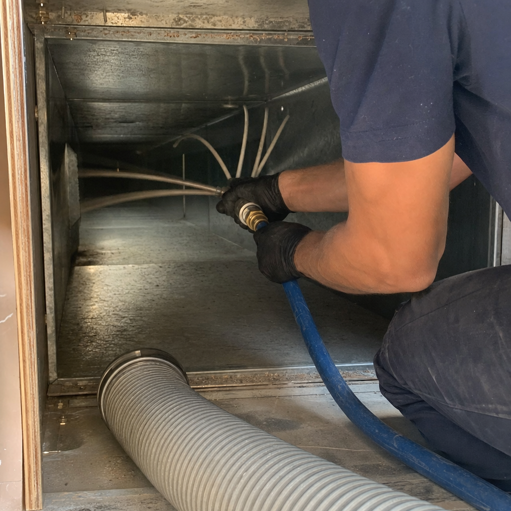 Technician performing professional air duct cleaning services inside a ventilation system