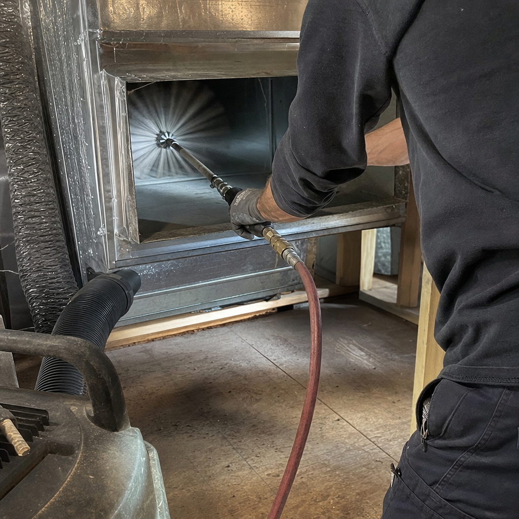 Technician using a rotating brush tool for professional air duct cleaning