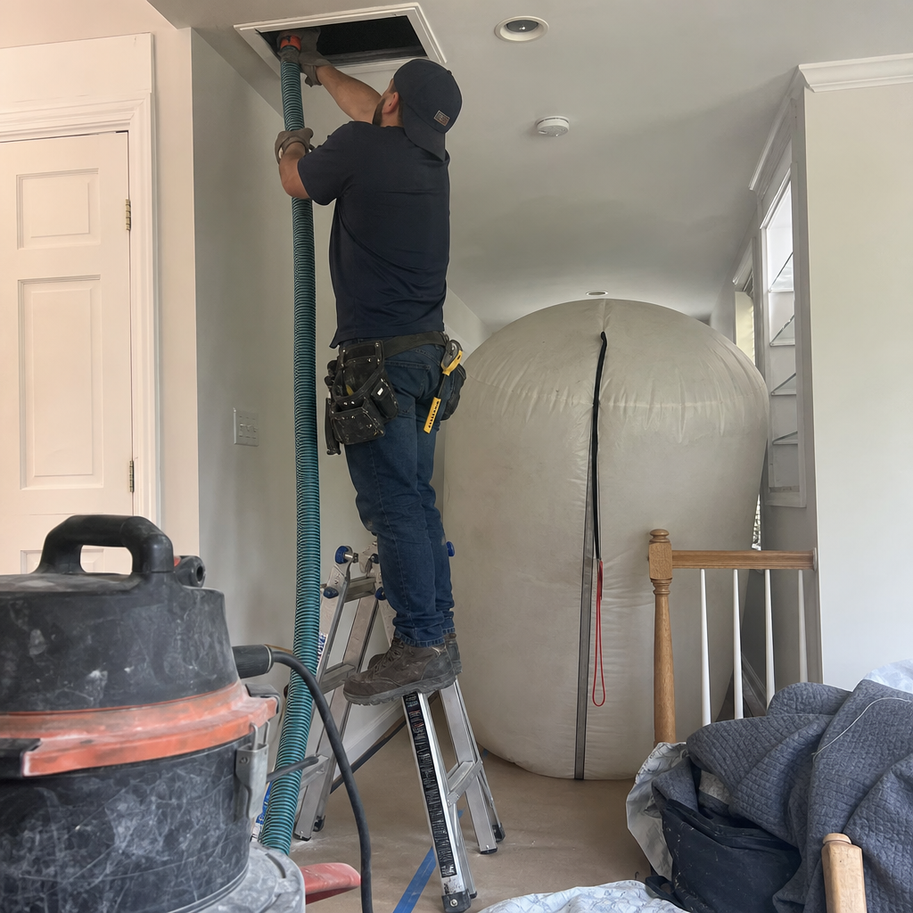 Technician performing professional residential air duct cleaning with vacuum equipment