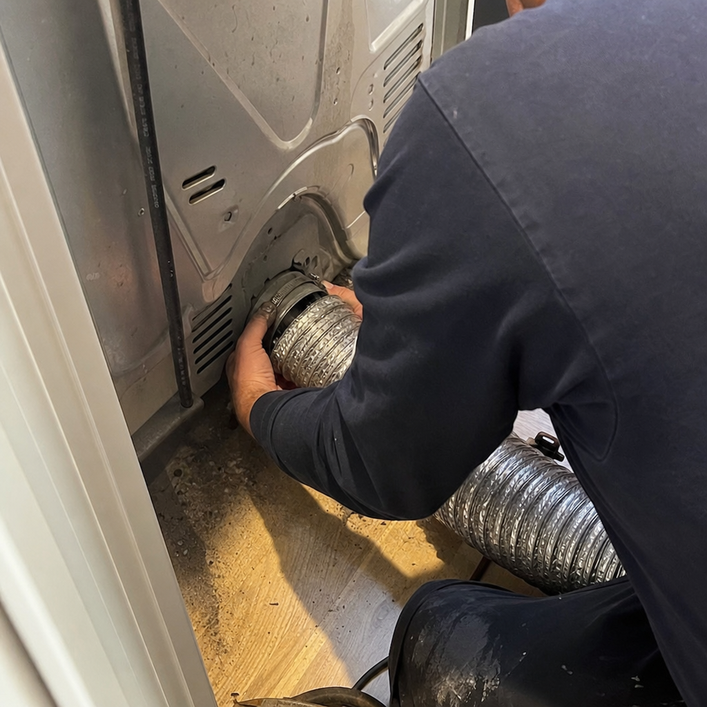 Technician connecting dryer vent hose for professional maintenance and cleaning service