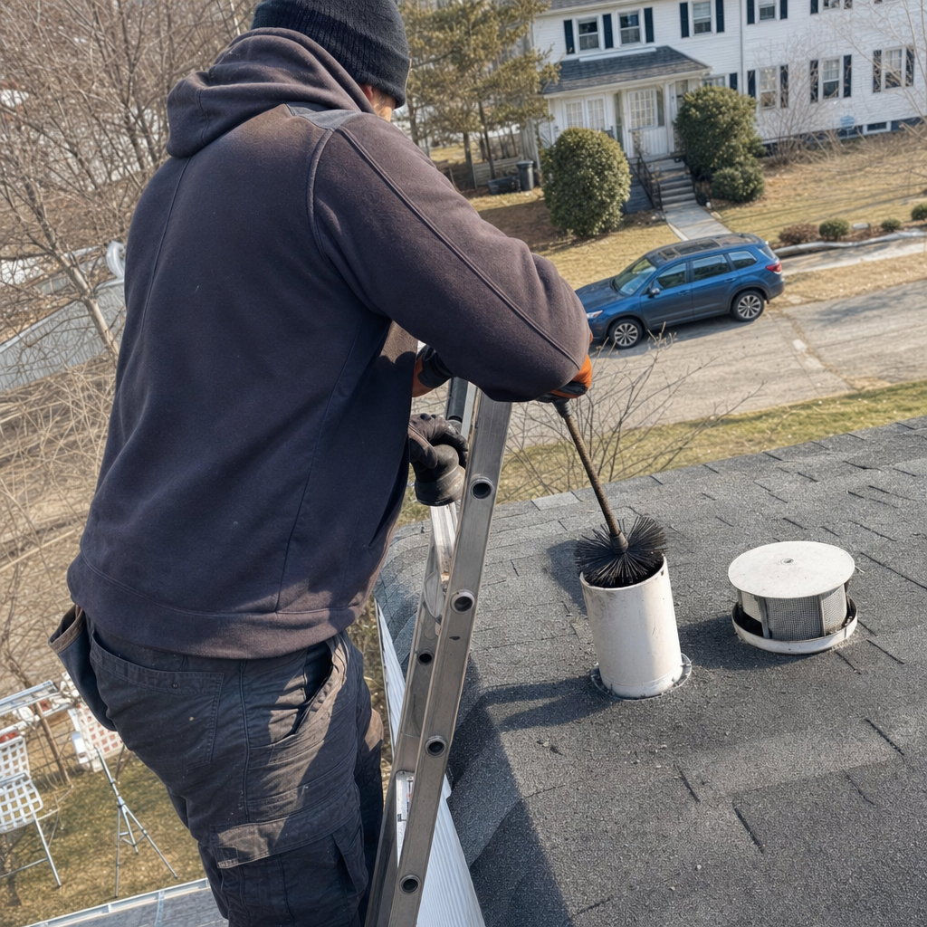 Technician performing professional residential dryer vent cleaning on a rooftop.