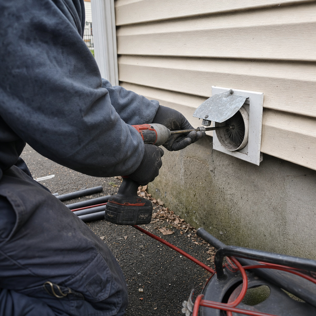 Technician using a rotating brush tool for residential dryer vent cleaning.