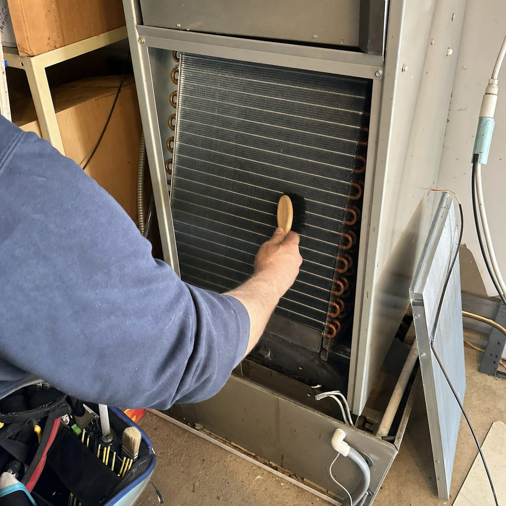 Technician performing professional HVAC evaporator coil cleaning with a brush