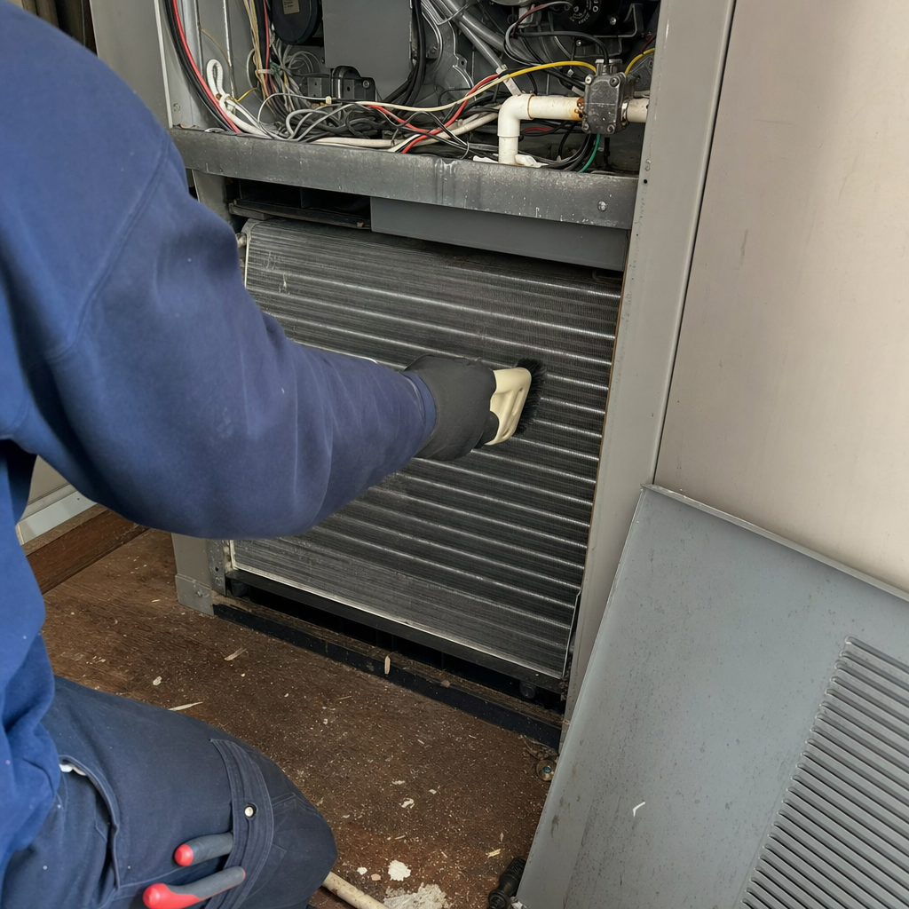 Technician cleaning air conditioner evaporator coils with a brush