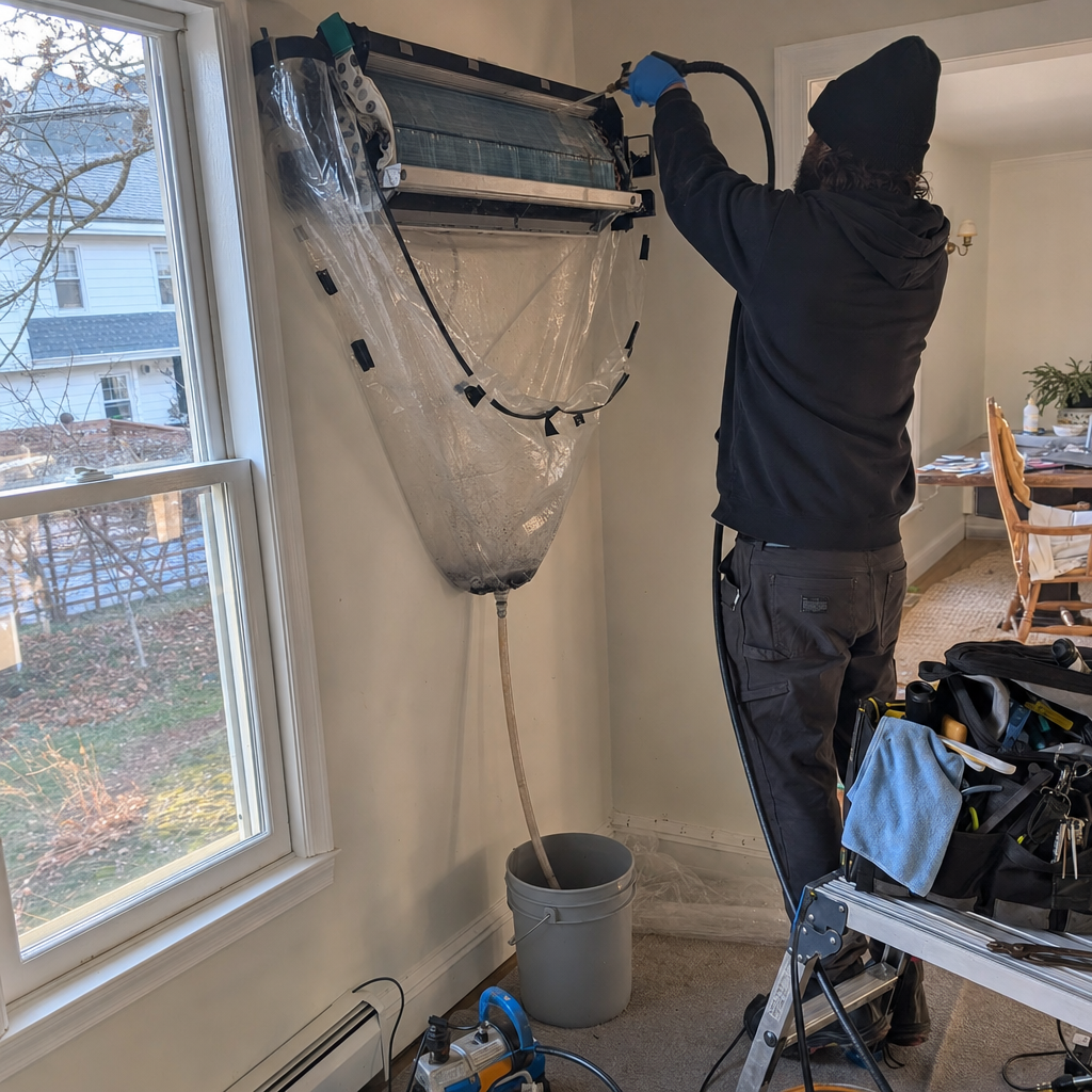 Technician performing professional HVAC mini-split cleaning service with cleaning bag