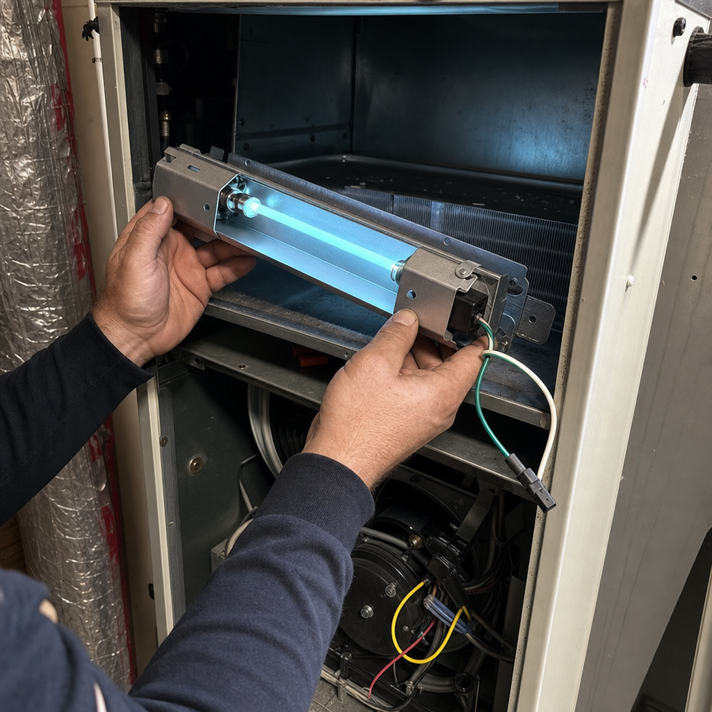 HVAC technician installing a UV light for professional air duct sanitization in Massachusetts, MA