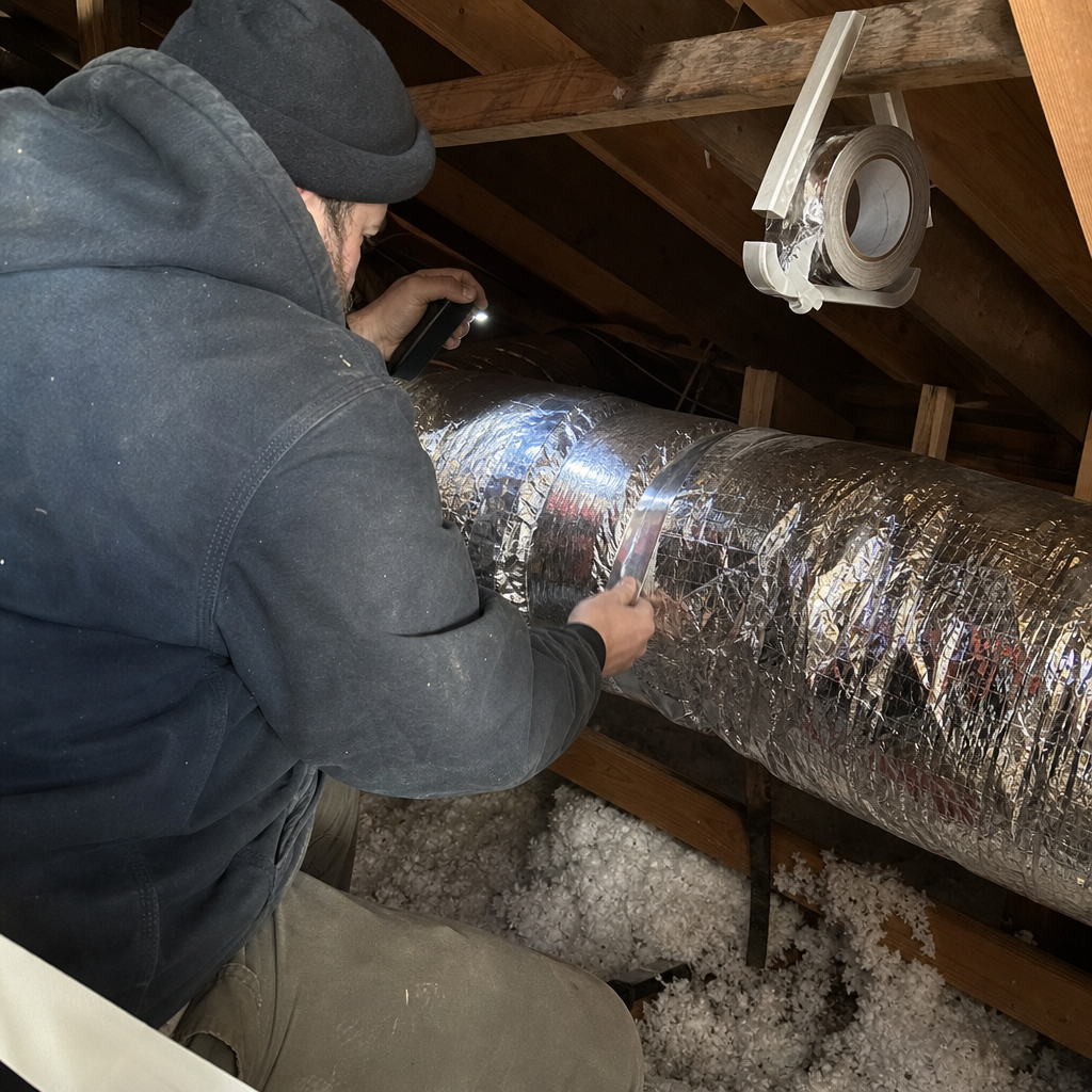 HVAC technician sealing insulated air duct with foil tape in attic in Massachusetts, MA